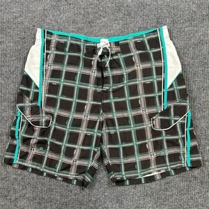Joe Boxer Mens Swim Shorts Size XL Plaid Black Teal Drawstring Lined Pockets
